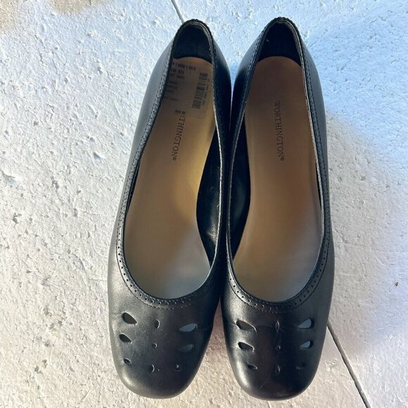 Worthington SZ 7.5 Natalie Black Leather Ballet Flats Classic Wardrobe Staple - Picture 2 of 9